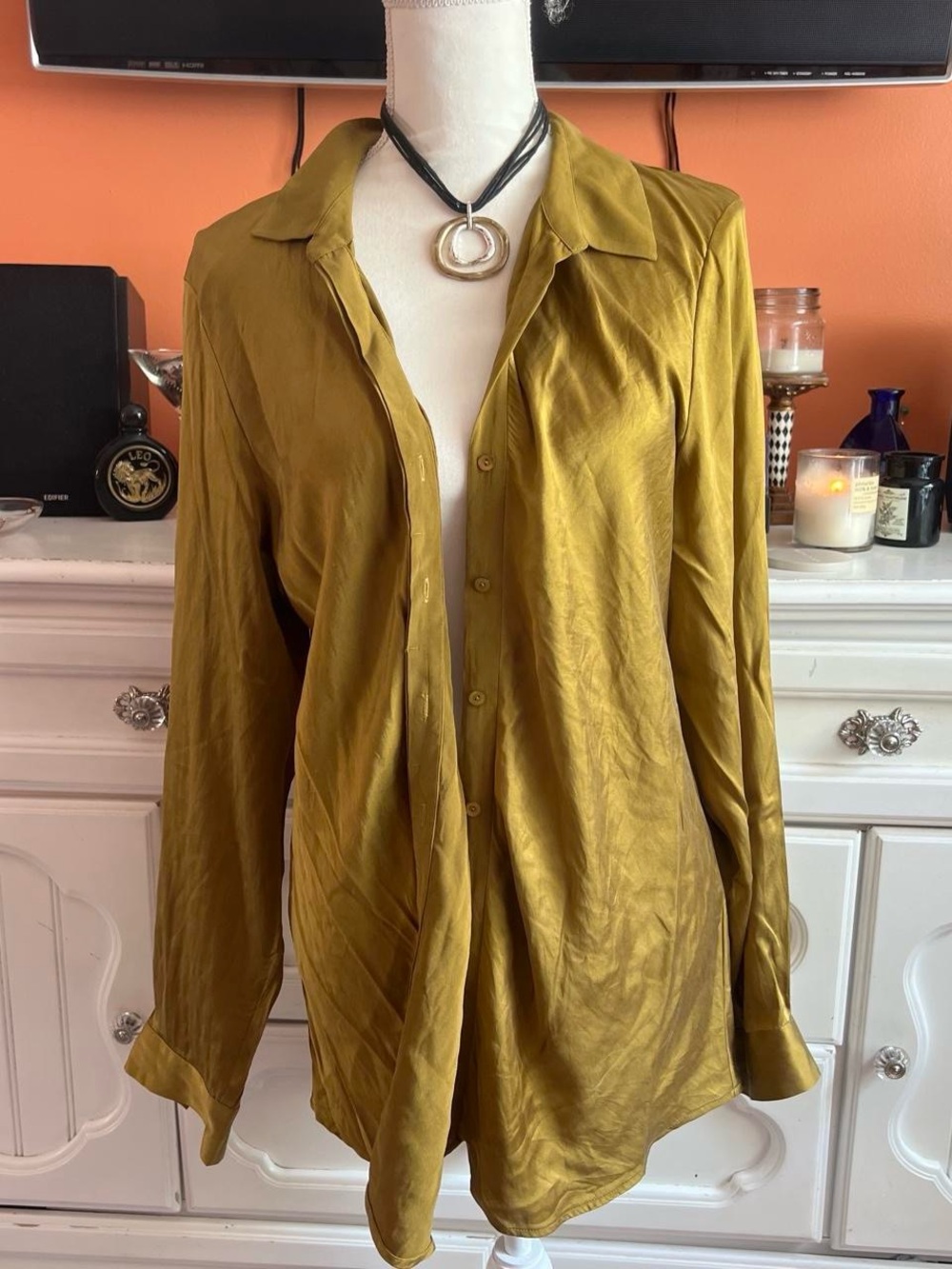 Eileen Fisher Olive-Gold Satin Button-Down Shirt